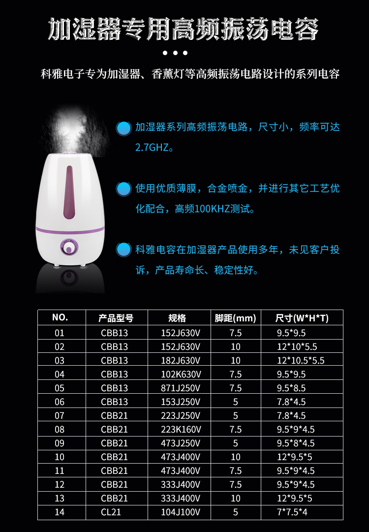 科雅電子推出加濕器專用高頻振蕩電容器